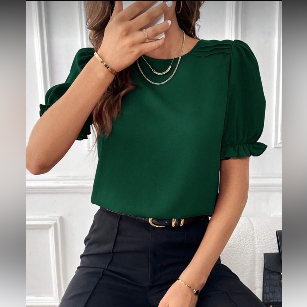 SHEIN Dark Green Ruffle Sleeve Blouse